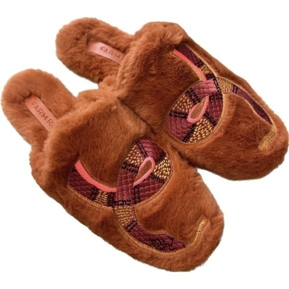 FARM RIO Rust Bright Elements Snake Embroidered Fuzzy Cozy Slide Lounge Slippers